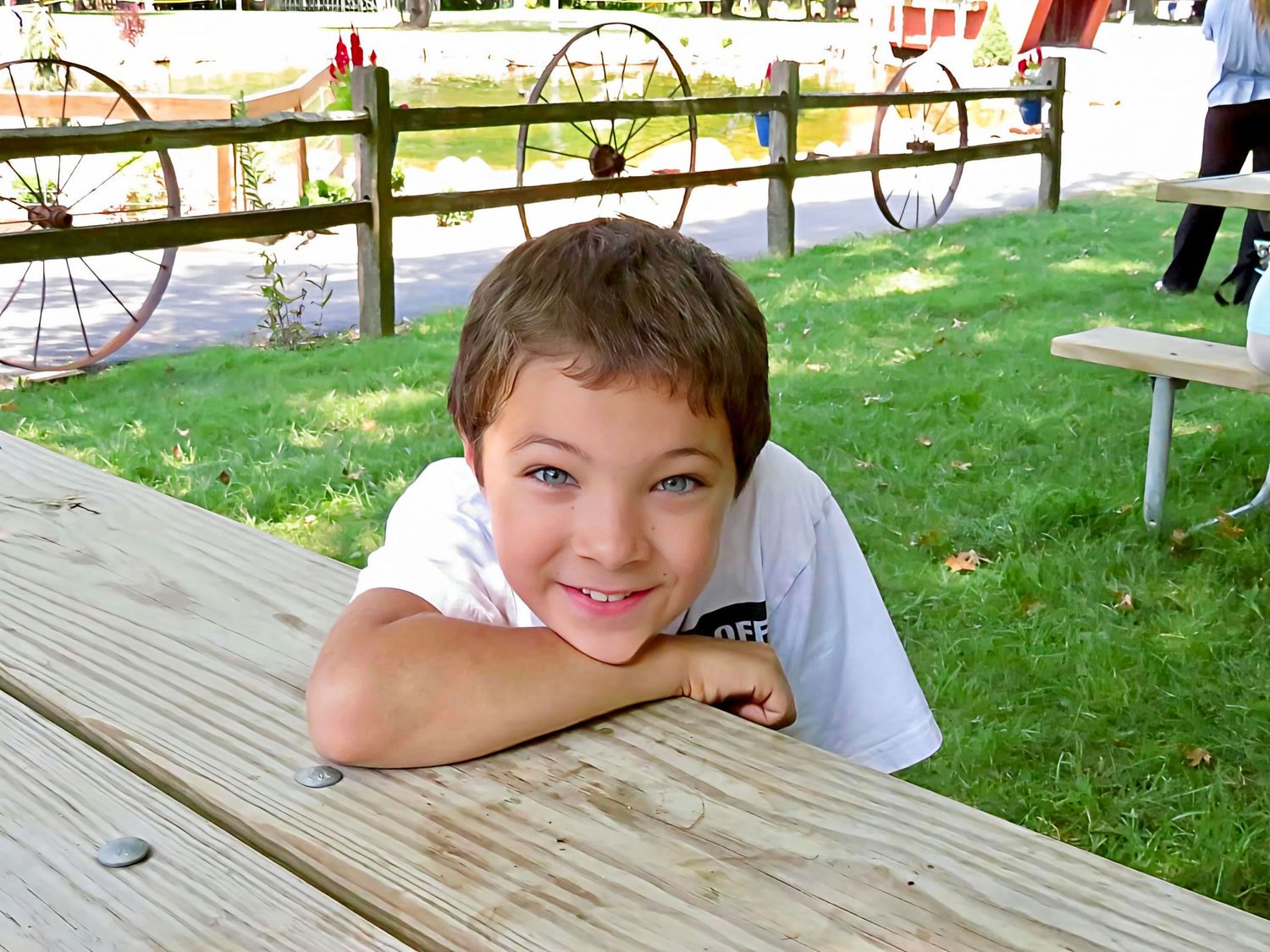 Smiling young boy resting chin on wooden picnic table outdoors.