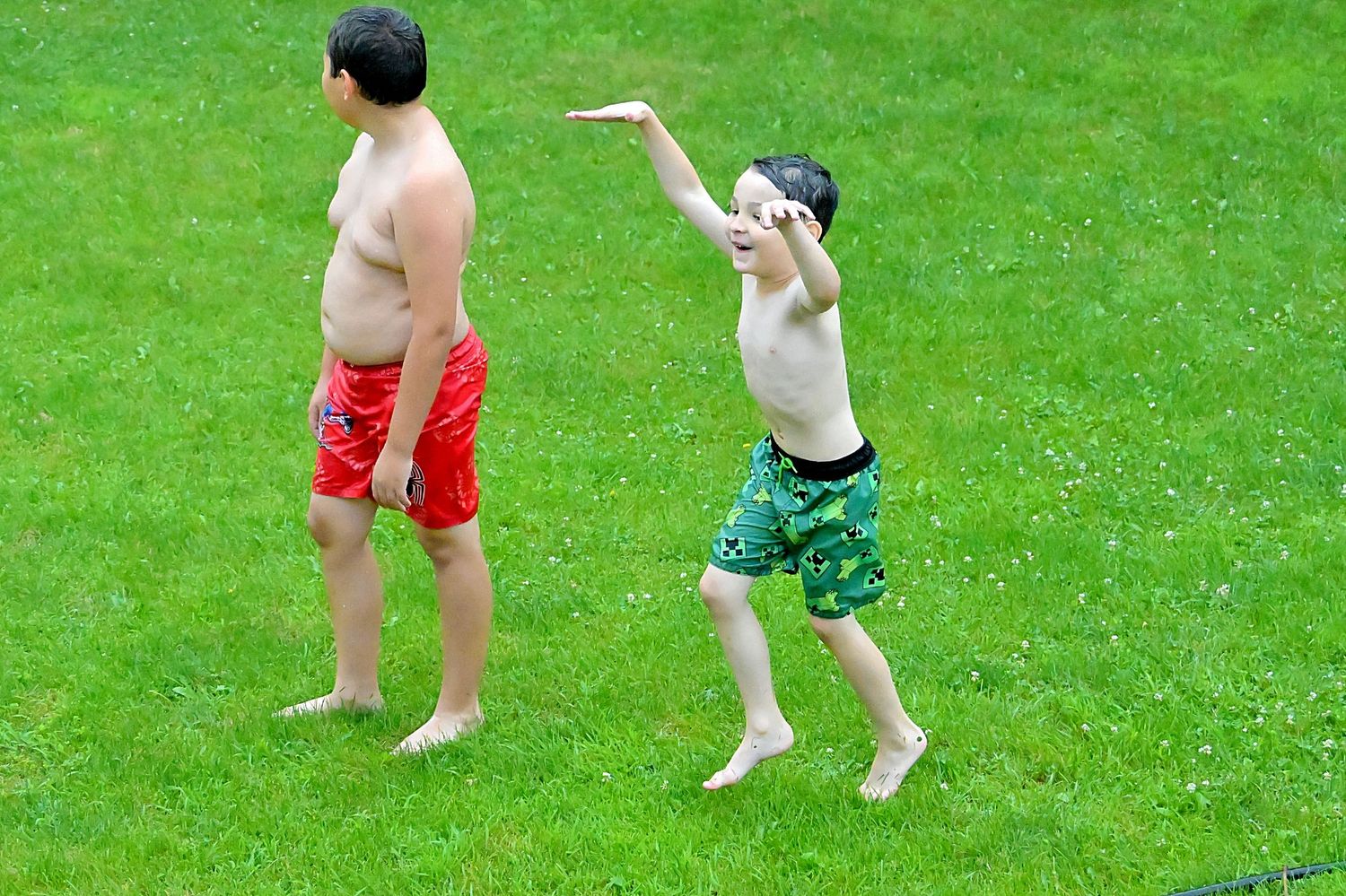 Father and son playing with a frisbee on green grass in summer.