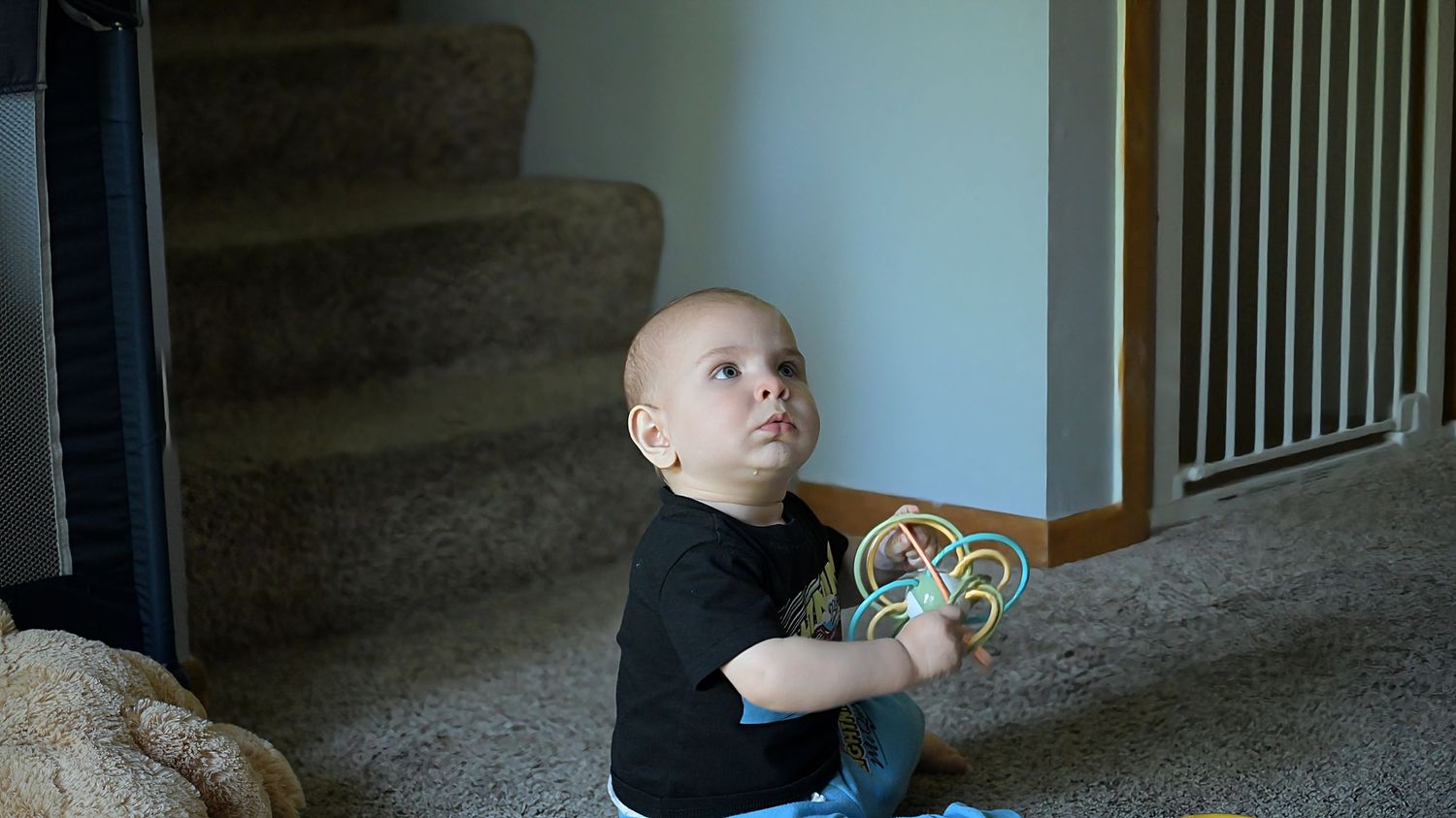 A baby in a black shirt sitting on carpet holding a colorful toy near stairs.