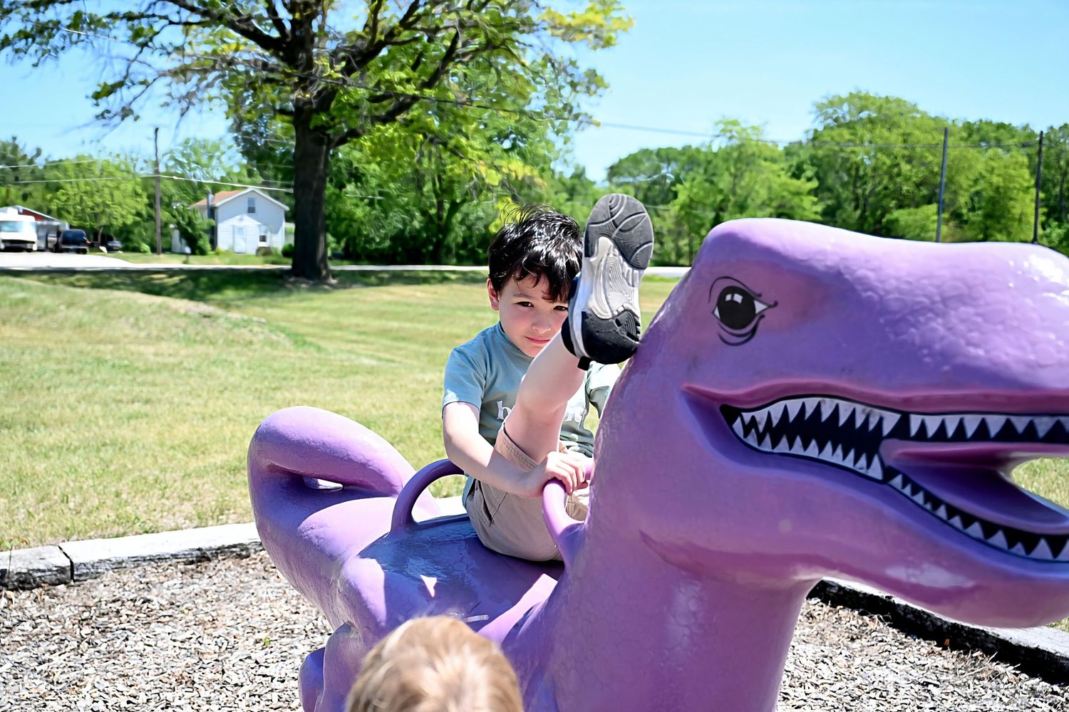Boy playing on a purple dinosaur playground ride outdoors on a sunny day.