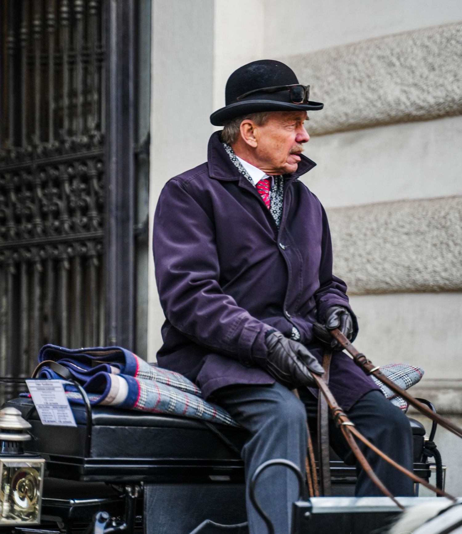 Elegant man in bowler hat and purple coat sitting on a horse-drawn carriage holding reins.