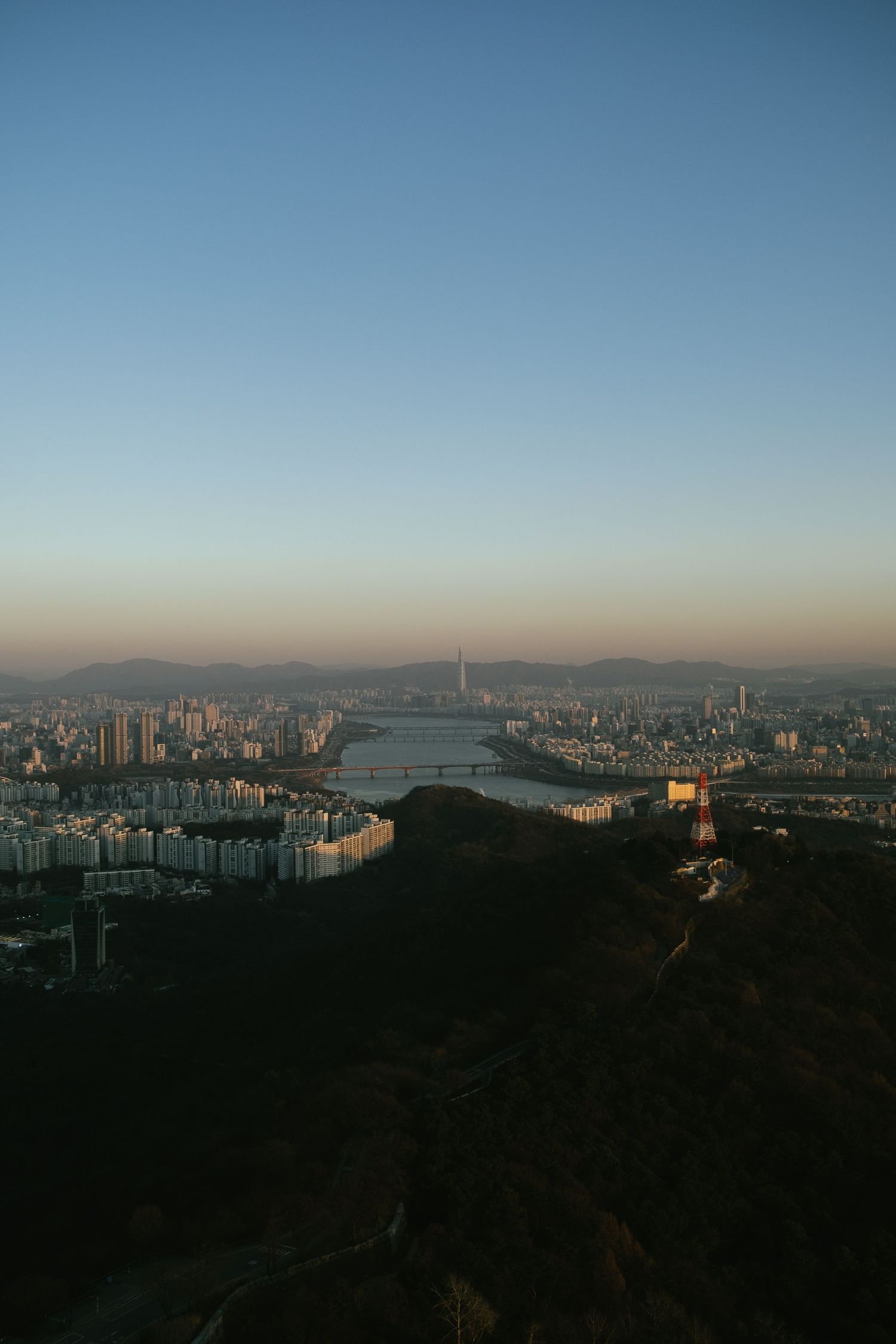 Travel photo taken at sunset at the top of N Seoul Tower in Seoul, South Korea