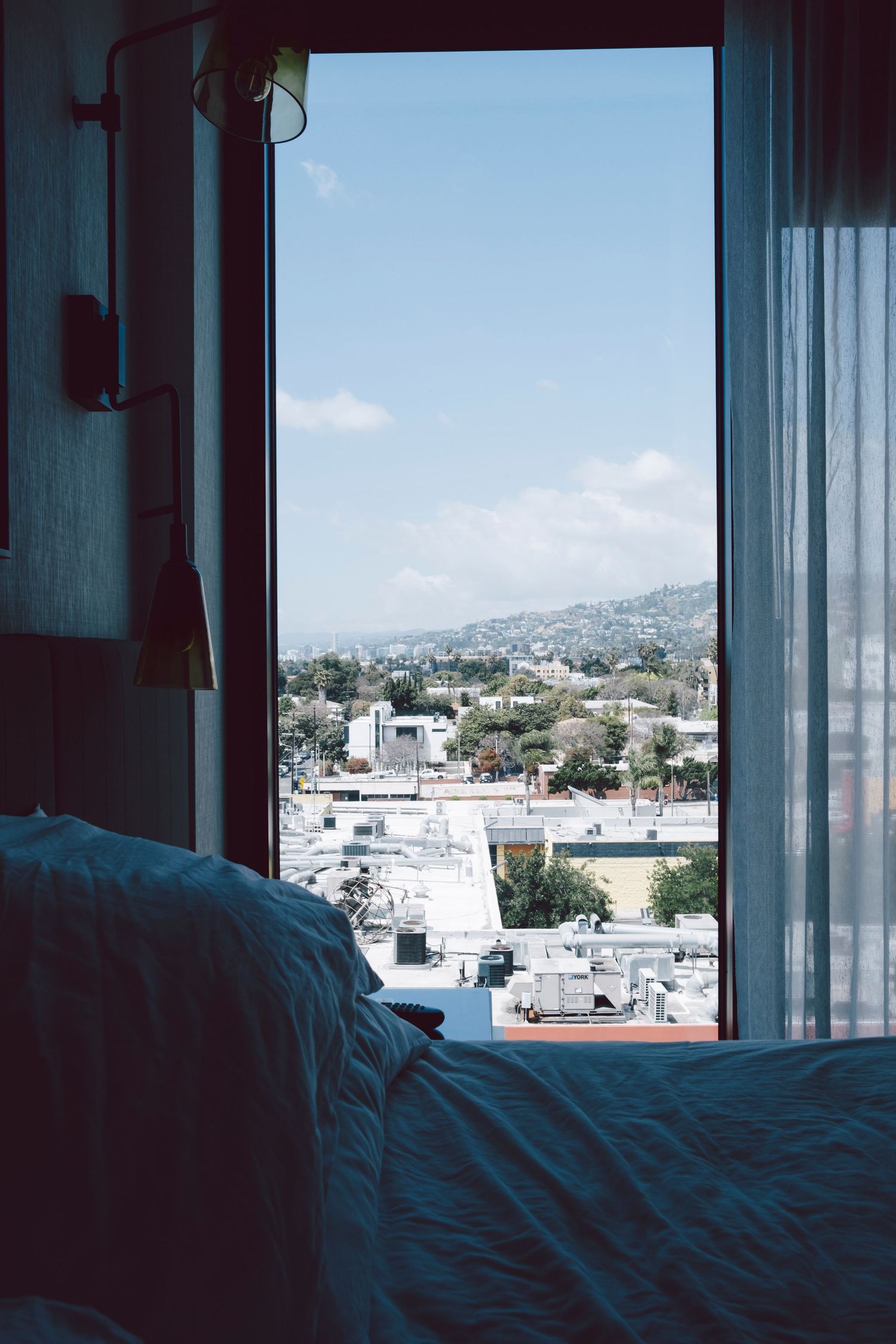 Interior photo in a hotel looking out to Los Angeles