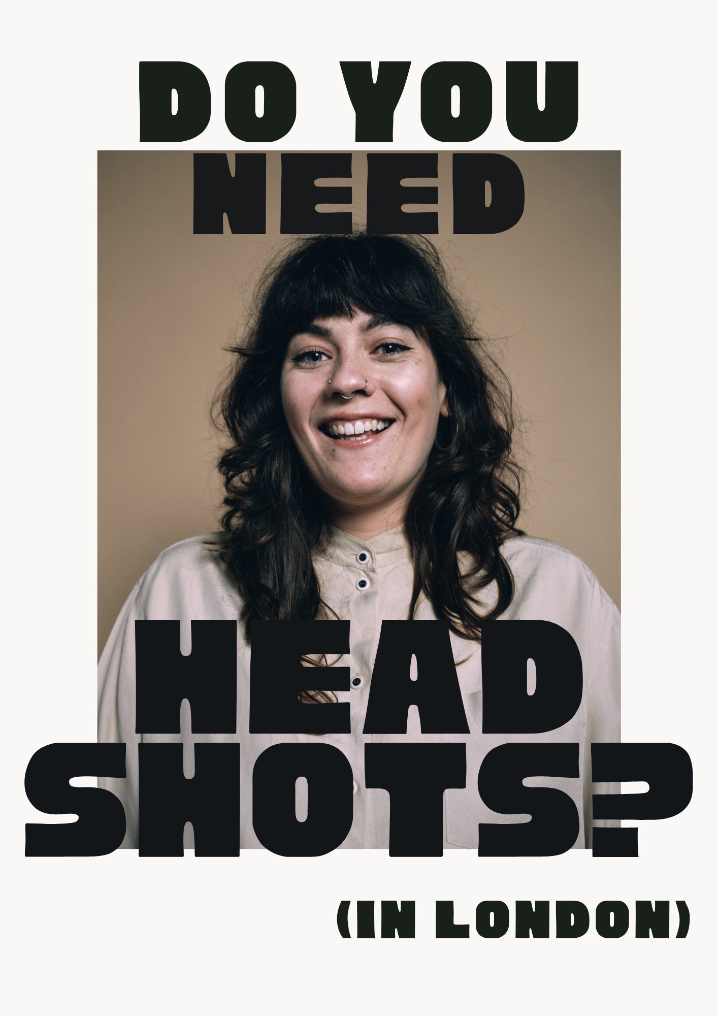 A flyer asking people if they need head shots, with a portrait of a woman in the middle