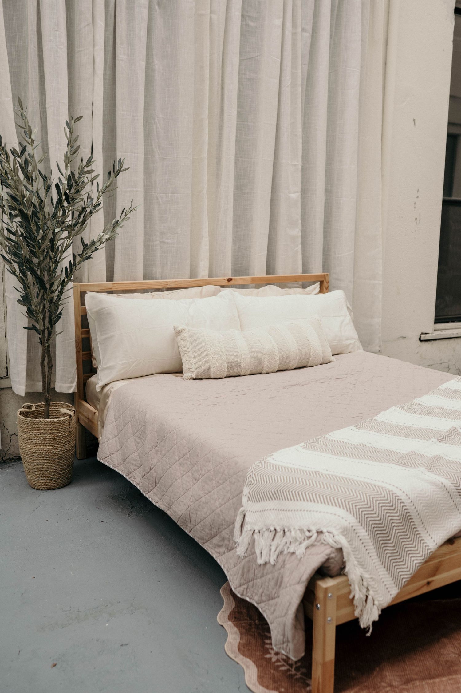 Wooden bed frame with neutral linen bedding, striped fringed throw blanket, and a potted olive tree beside sheer white curtains.