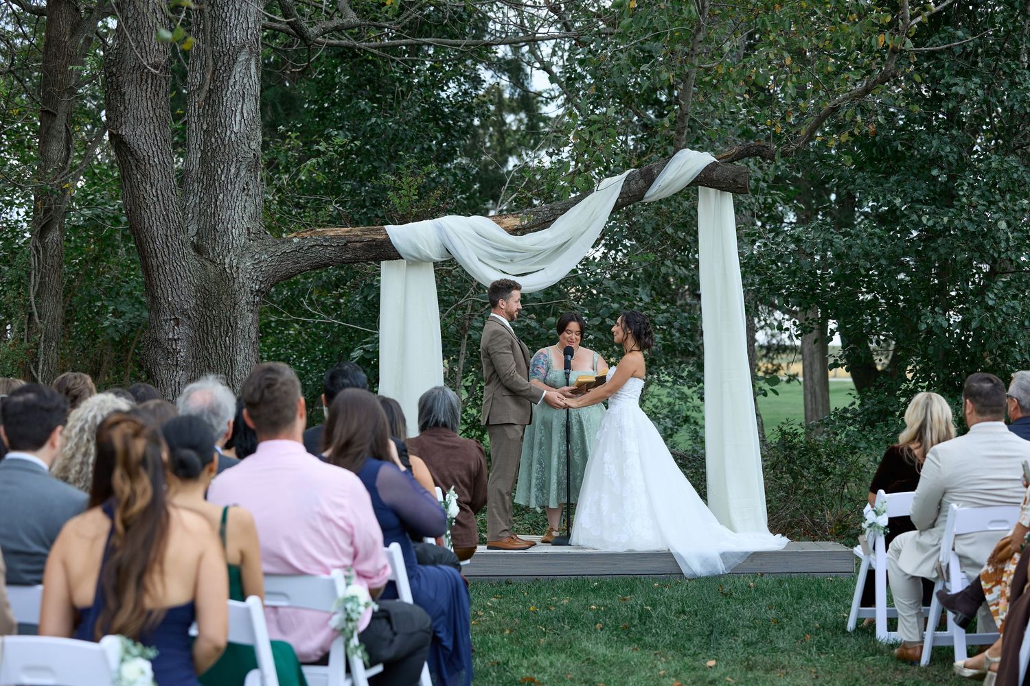 Bride and groom hold hands beneath a tree draped with white fabric as seated guests watch their outdoor wedding ceremony.