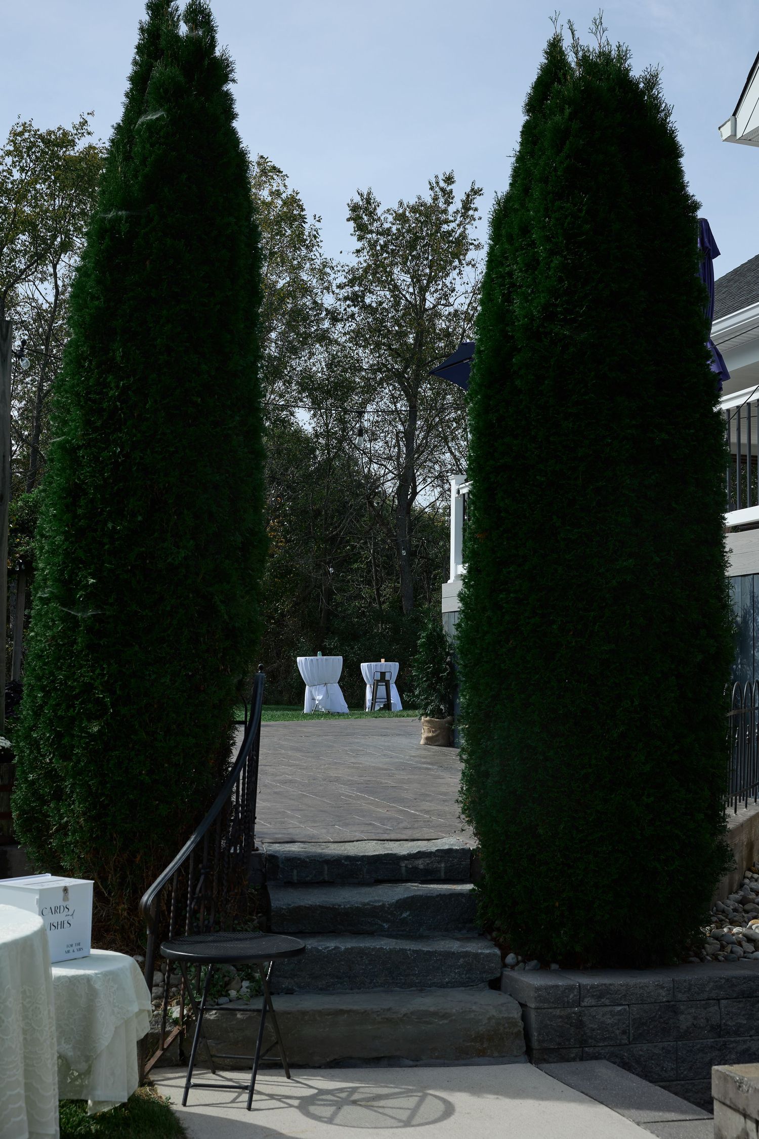 Stone steps between two tall evergreen arborvitae lead to a patio with white-draped cocktail tables at a wedding venue.
