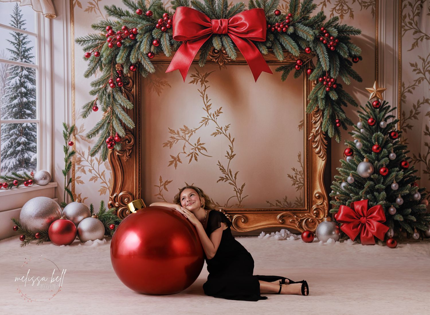 Elegant Christmas banner with ornate decorative frame, garland, red bow, and ornaments against a rose gold background.
