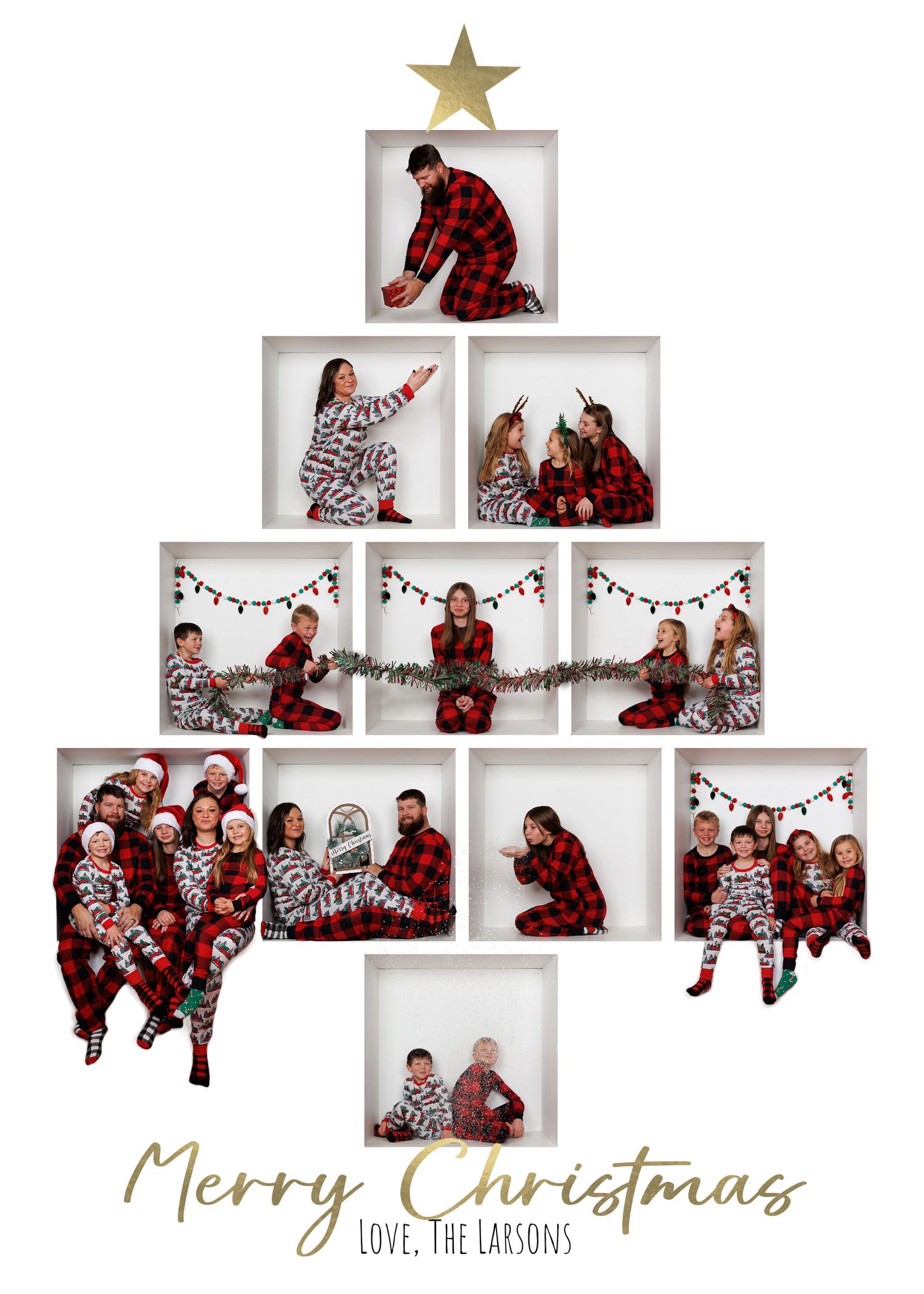 A festive Christmas photo collage arranged in tree shape with people in coordinated red and white plaid pajamas.