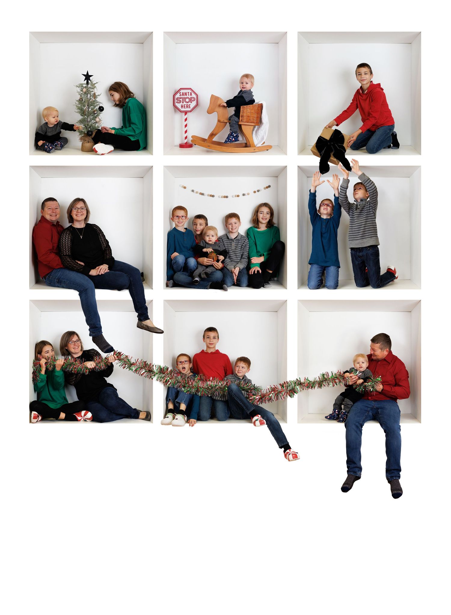 Collection of casual studio photographs showing individuals and groups in white alcove shelving against a clean backdrop.