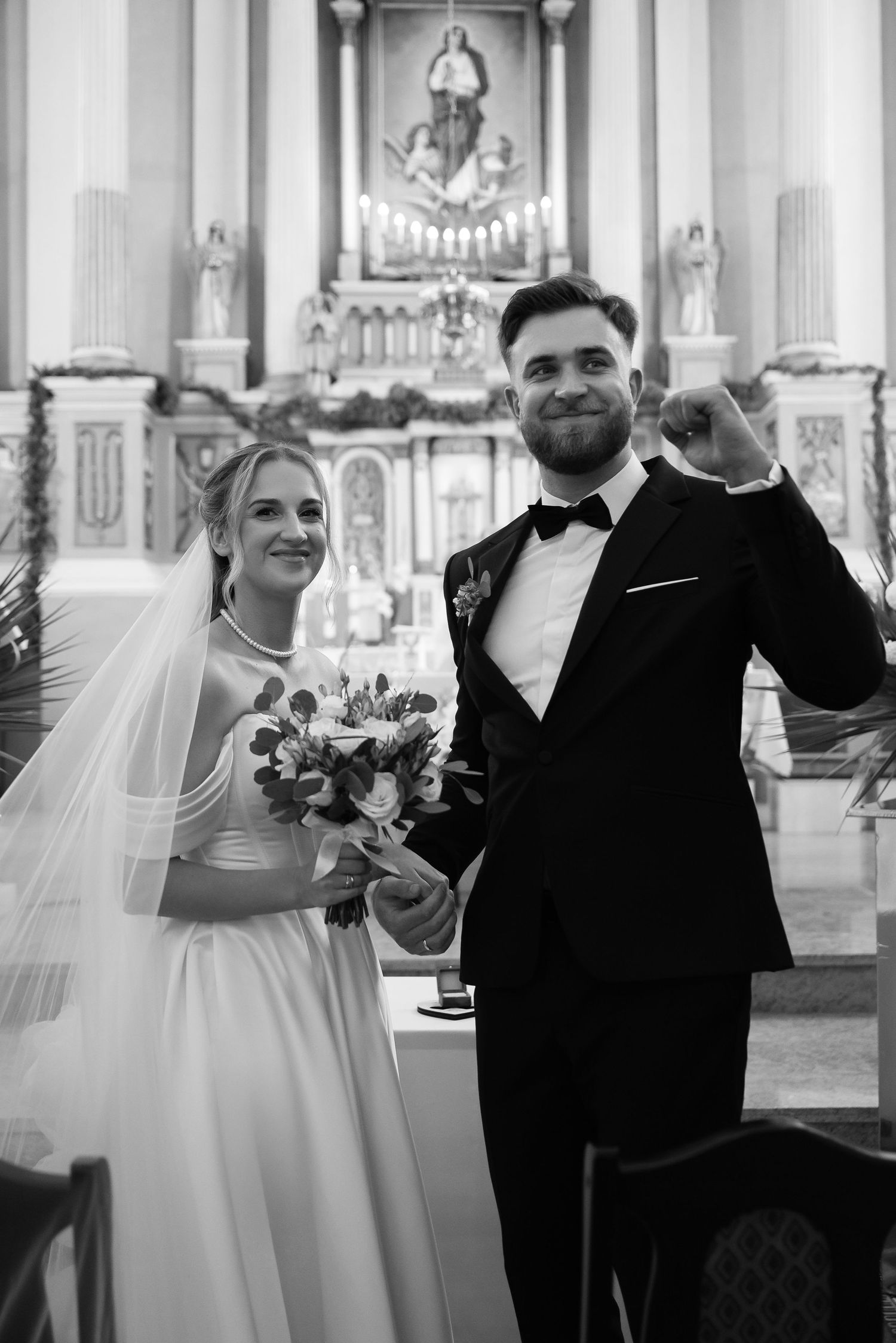 Wedding celebration sequence in church showing couple in formal attire celebrating joyfully.