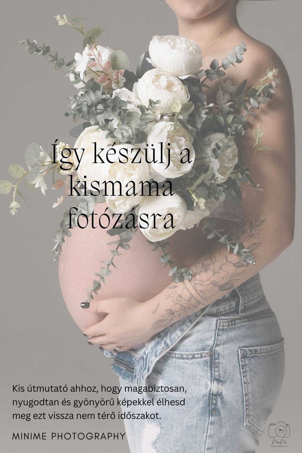 A series of maternity photos showing a person in jeans holding a floral bouquet against a gray background.