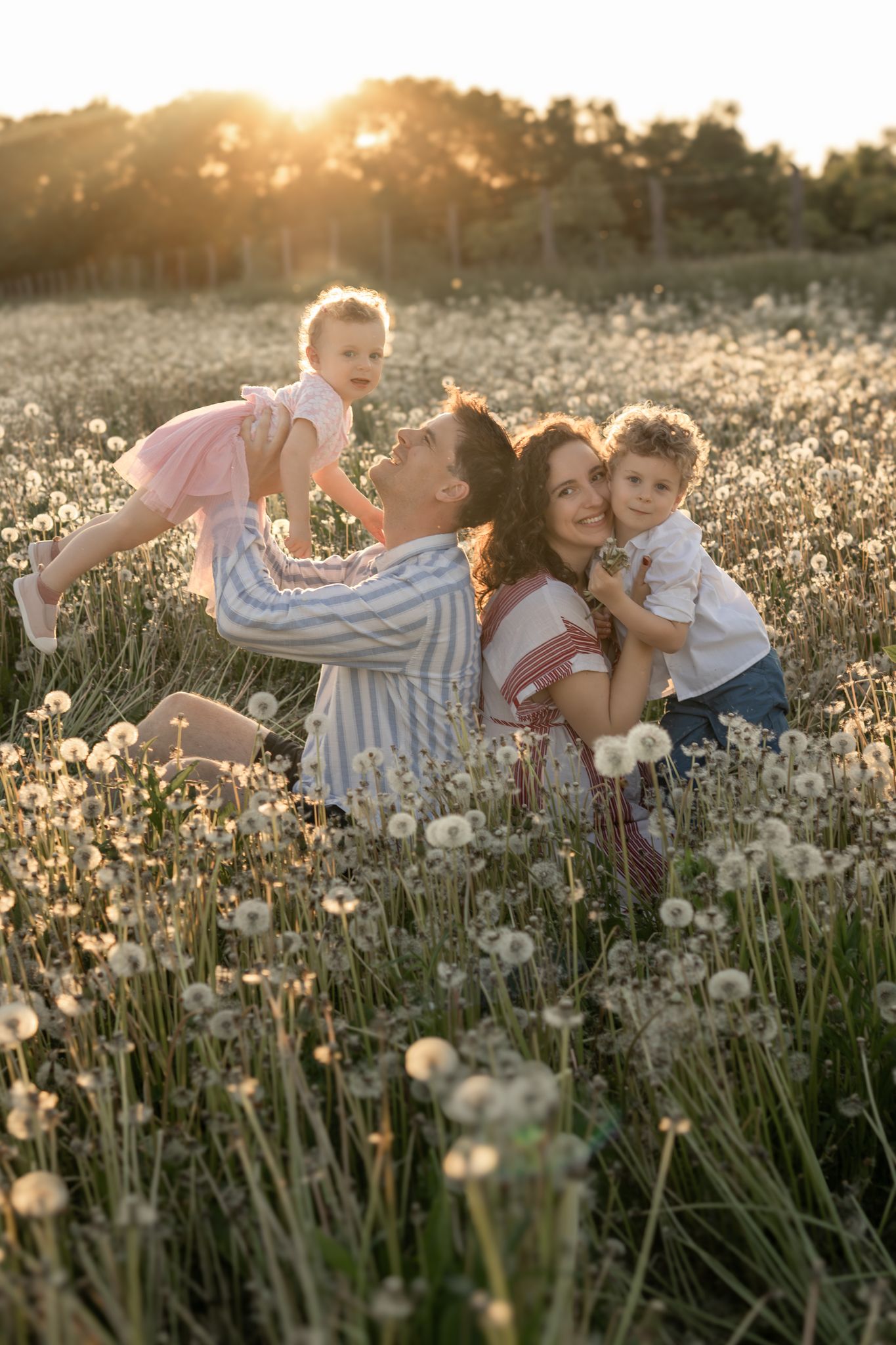 Family of four playing in a sunlit dandelion field at golden hour, parents lifting children with joy.