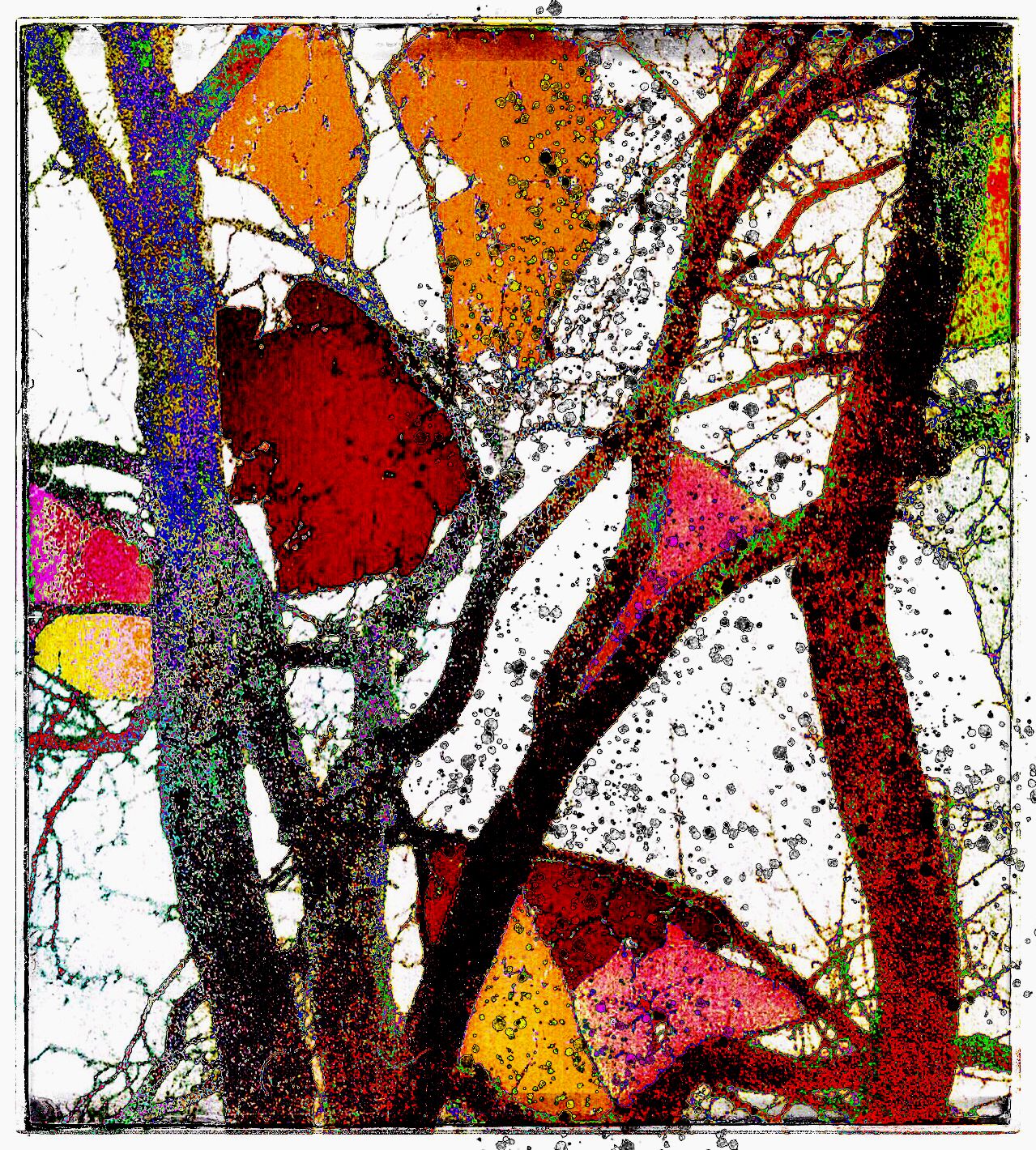 Vibrant stained glass style artwork featuring tree branches in orange, red, and purple hues.