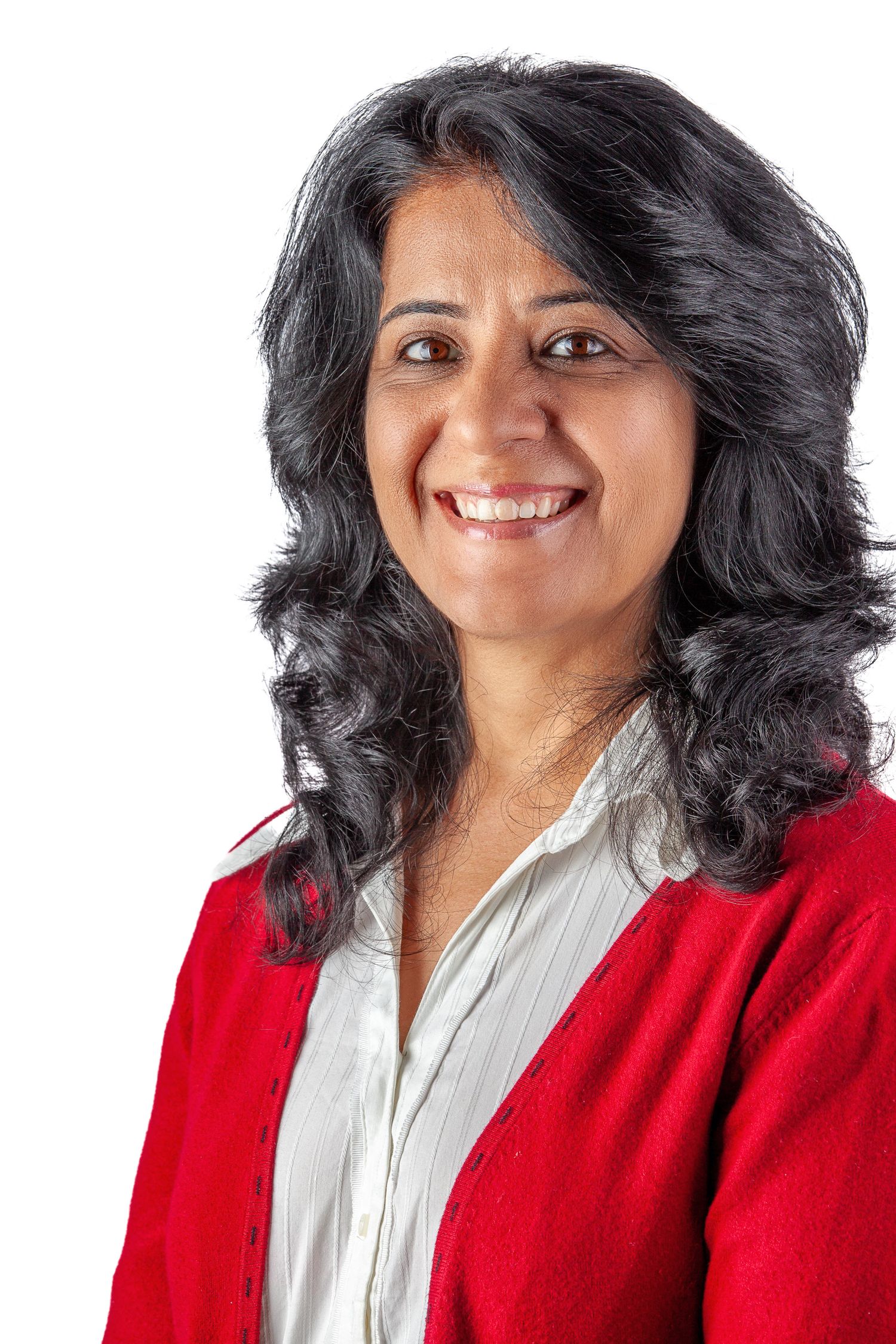 Portrait series showing person in red blazer and white blouse with various expressions.