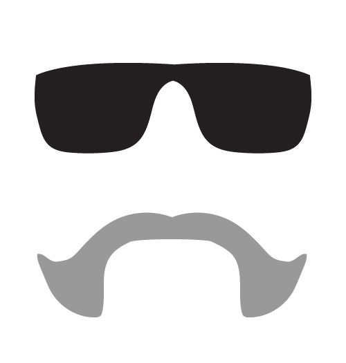 A black and white icon of Andy Malhan featuring his sunglasses and moustache.