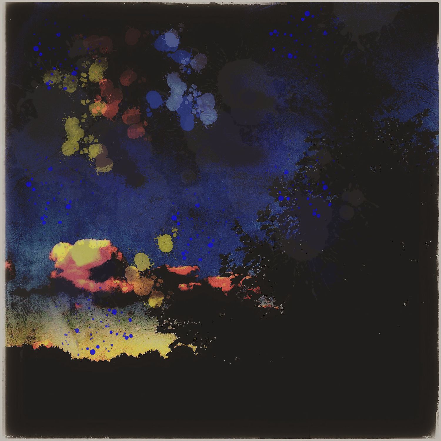 Abstract night sky painting with yellow and blue dots against deep dark blue background.