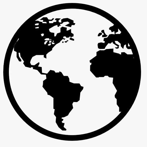A black and white silhouette of Earth showing the Americas, Europe, and Africa continents inside a circular border.