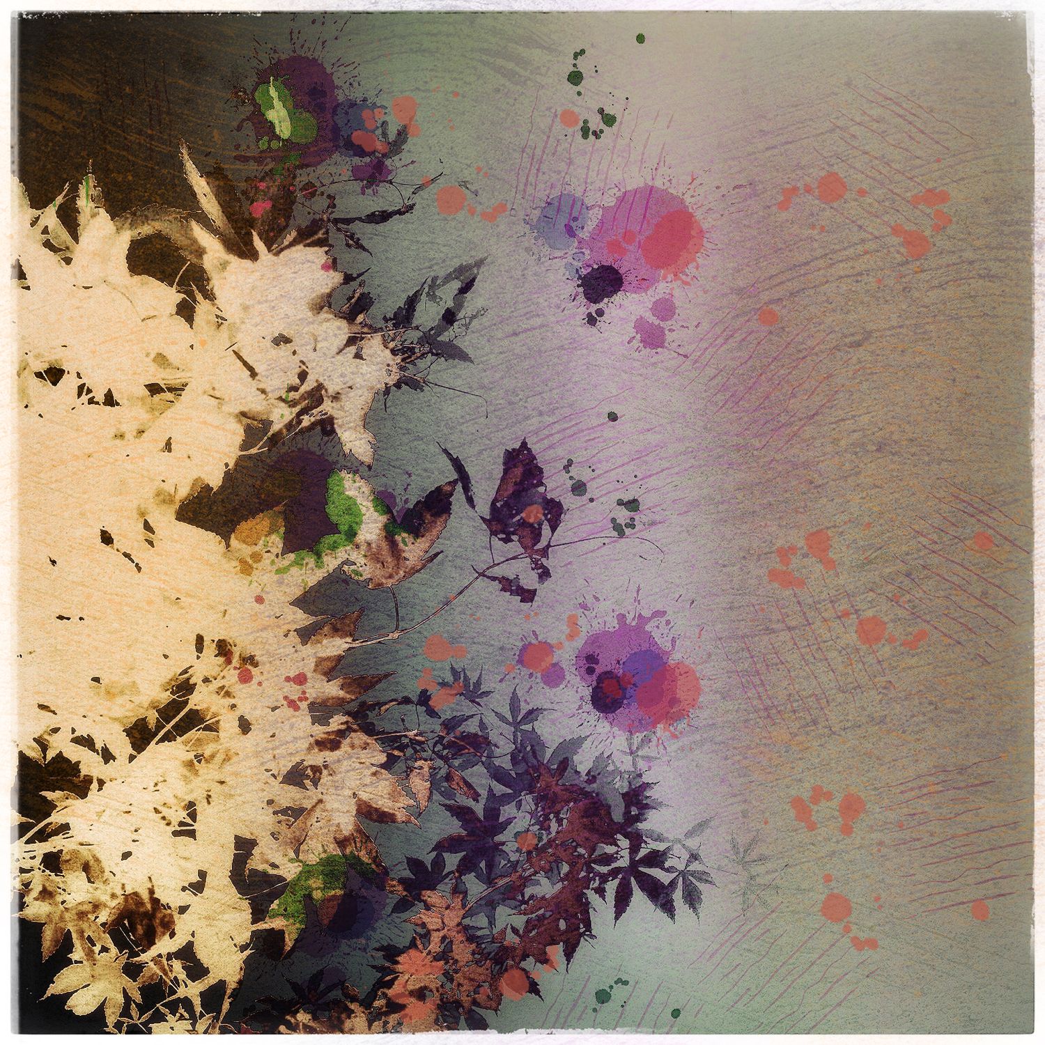 Abstract floral artwork with splashes of pink, purple and cream colors creating an ethereal composition.