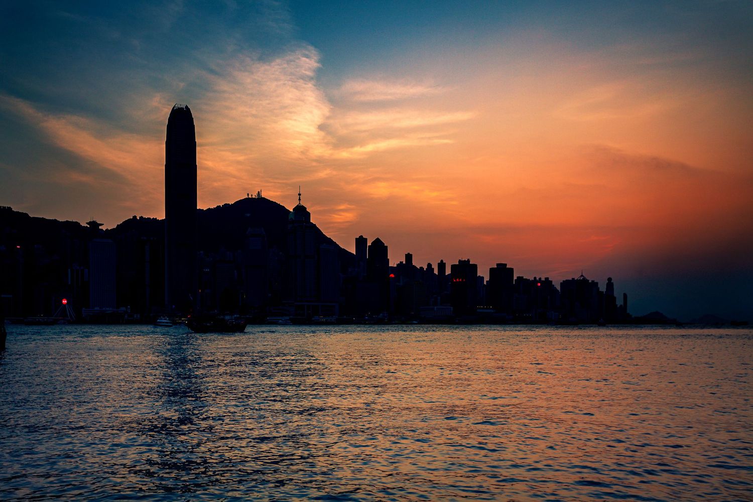 Hong Kong skyline silhouetted against a vibrant orange sunset over Victoria Harbor.