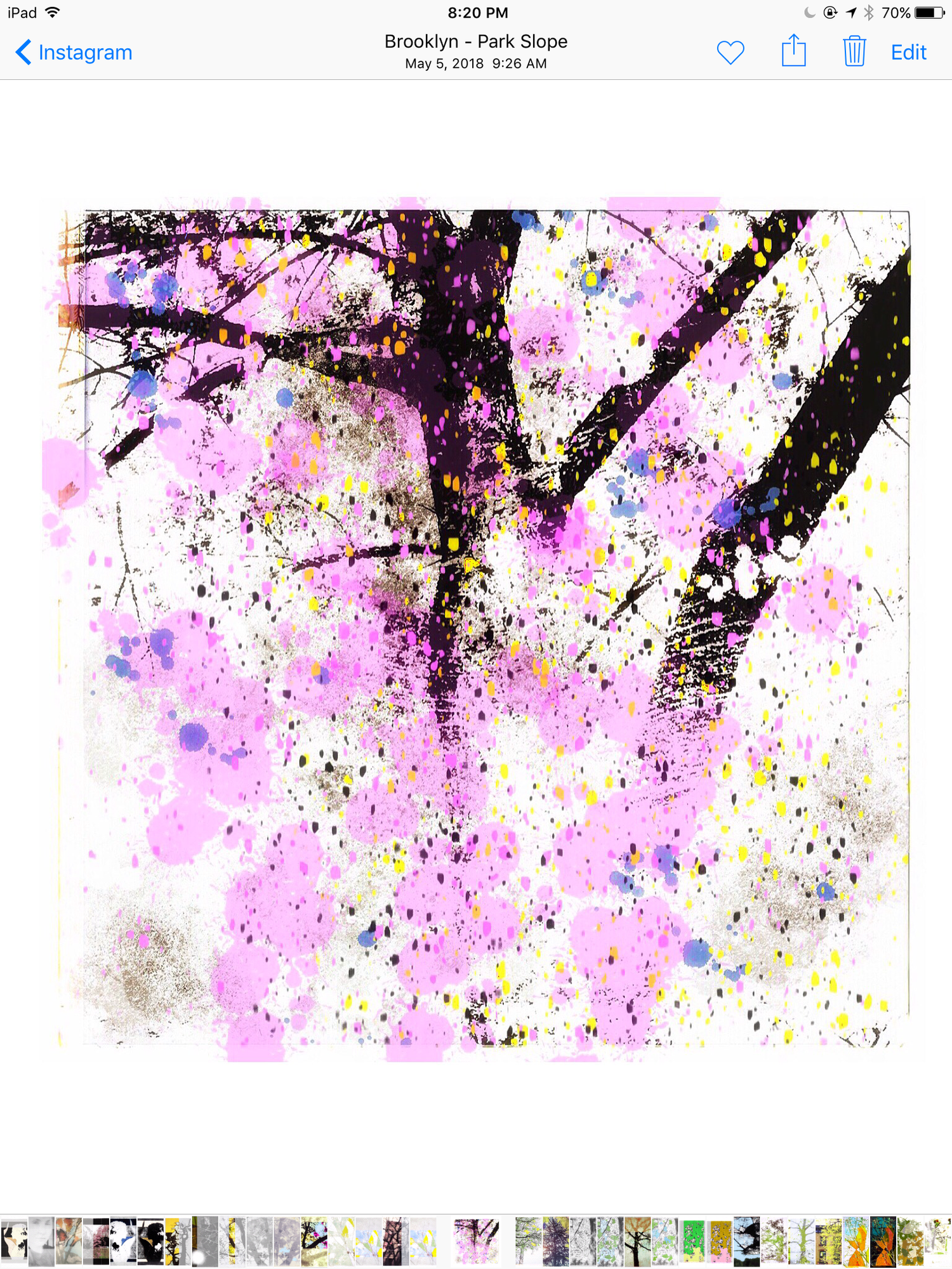 Pink and purple splatter painting with dark tree branches creating an abstract nature scene.