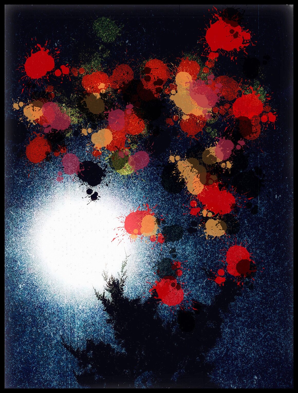 Abstract night scene with red and orange paint splatters around a bright white moon.