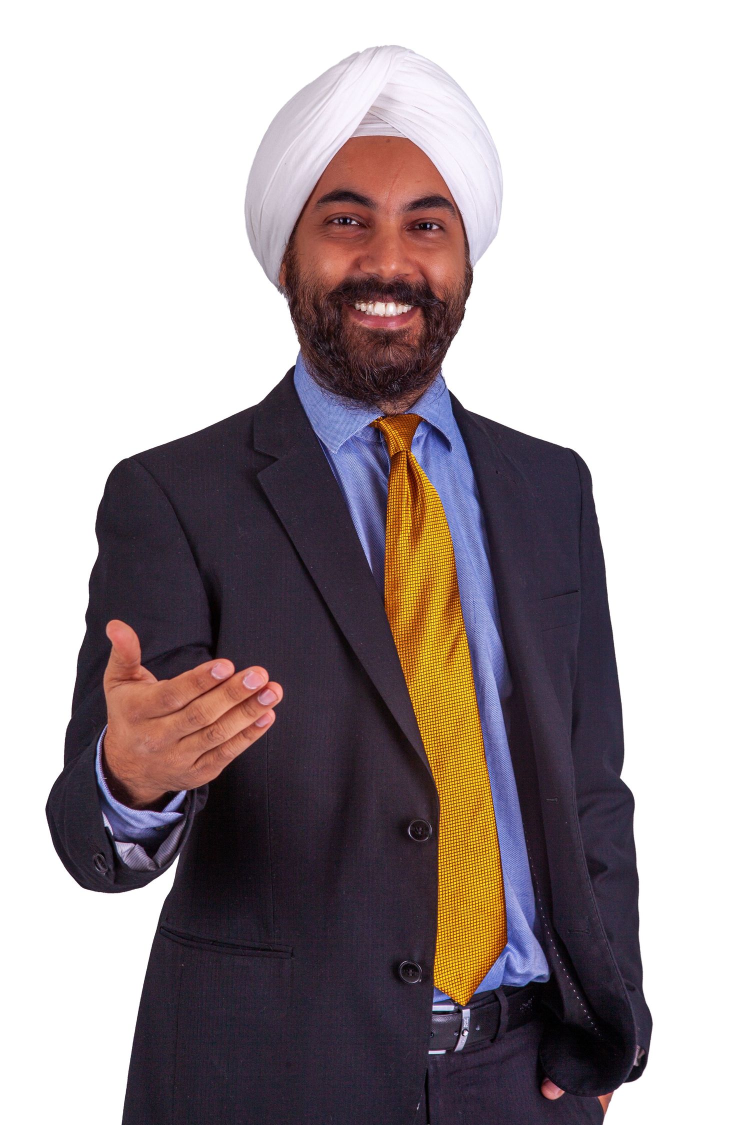 Professional wearing a navy suit with yellow tie and white turban gestures warmly in three poses against white background.