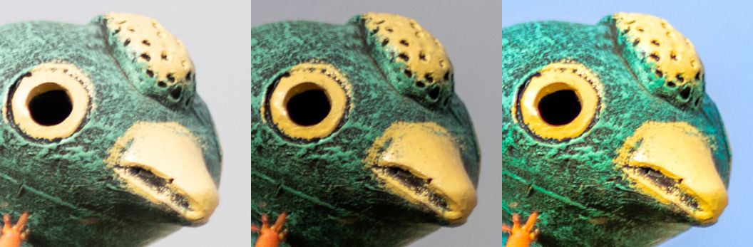 Three close-up views of a green reptile head with textured scales, bright yellow eyes, and a golden beak-like snout.
