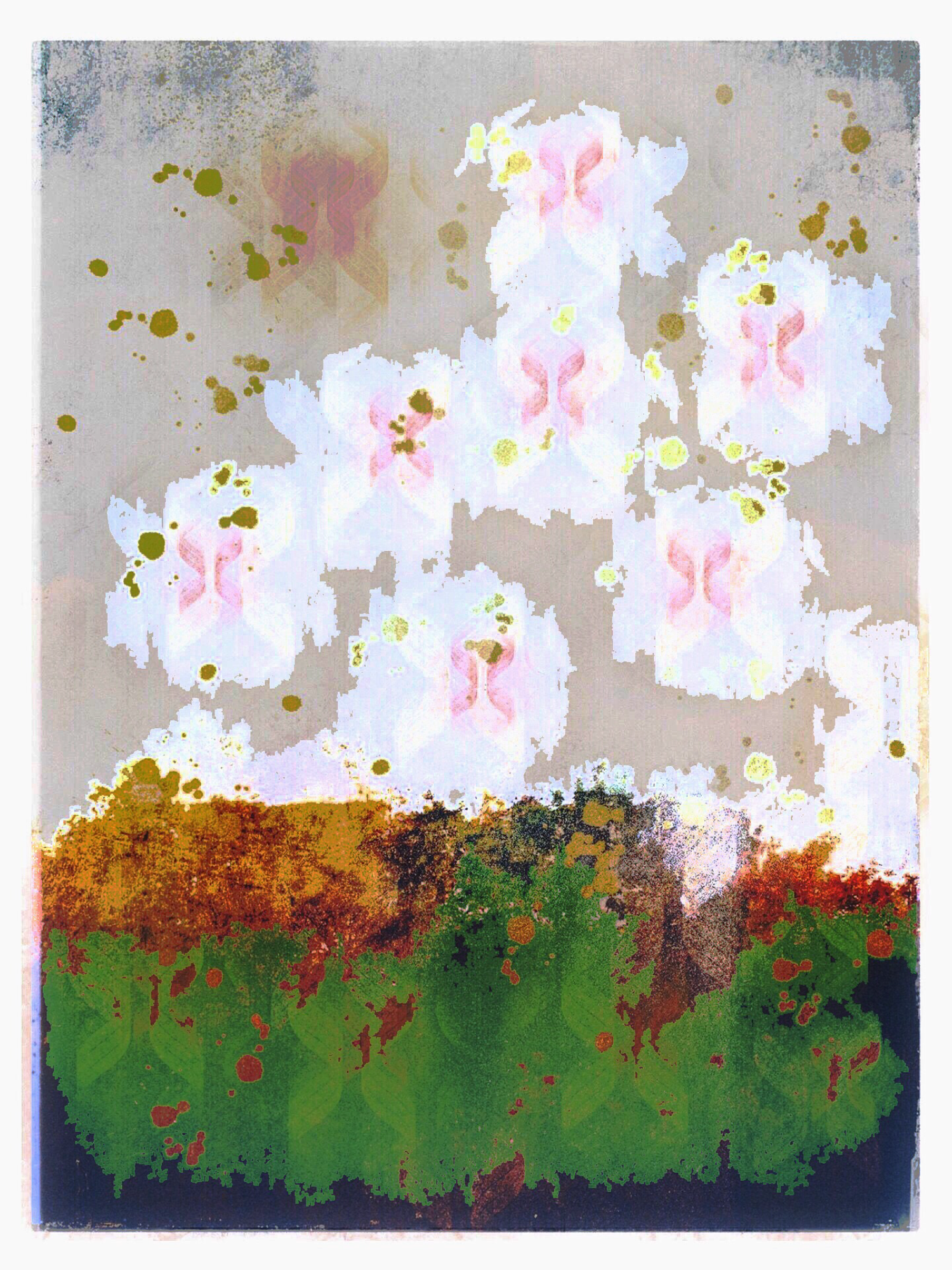 Abstract painting depicting white flowers floating above a green and brown landscape base.