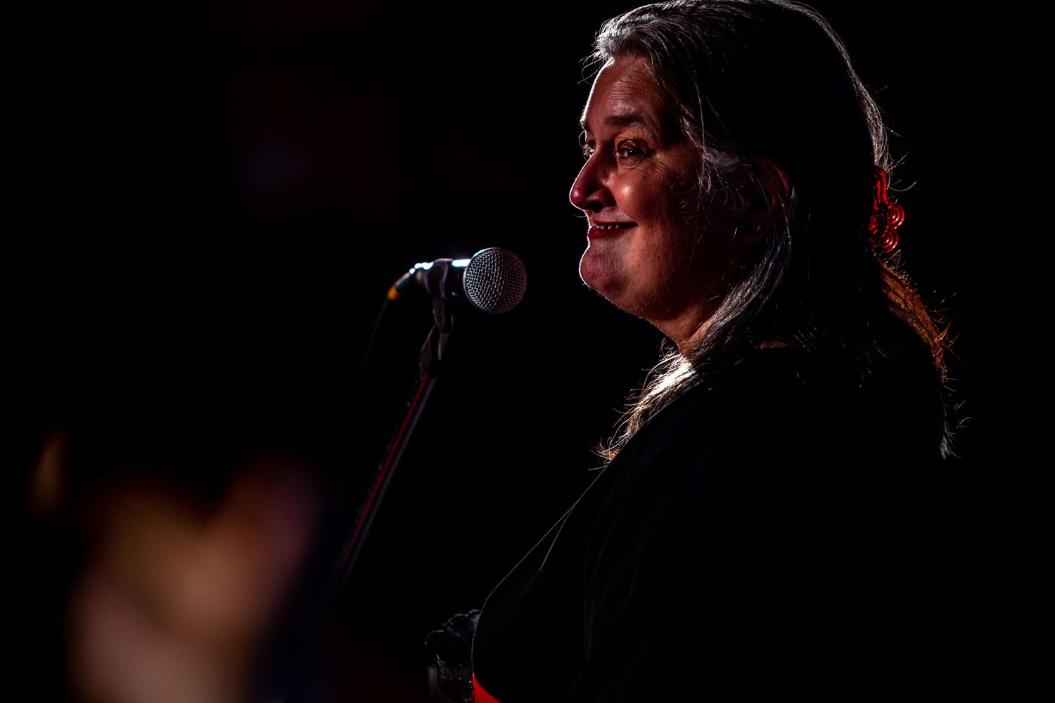 Dramatic side-lit performance shot of singer at microphone on dark stage.