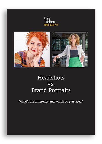 A photography comparison graphic showing headshots versus brand portraits with sample images and text overlay.
