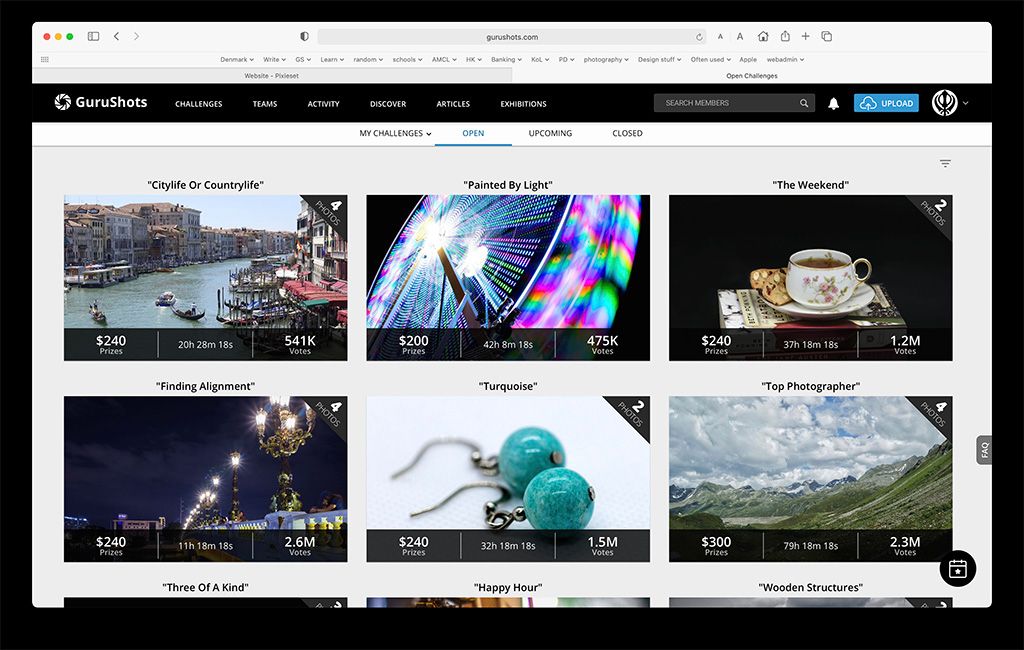 Computer screen displaying a grid of photography thumbnails on a dark website interface.