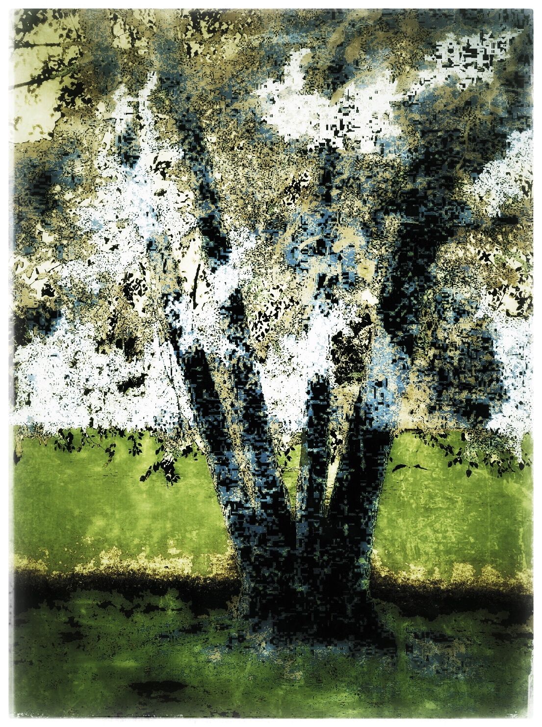 Impressionist painting of a dark tree trunk against a textured white and green background.