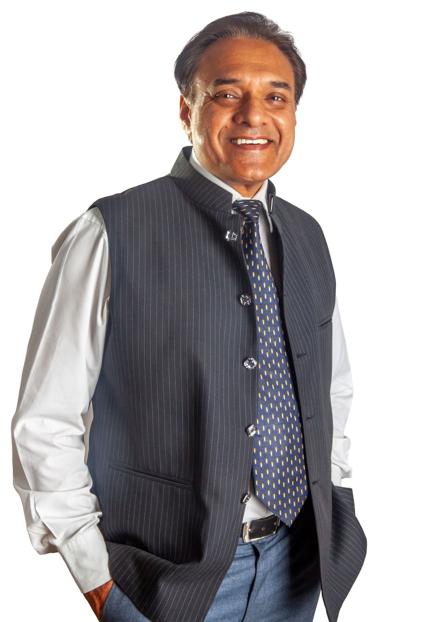 Professional wearing a pinstripe vest and polka dot tie poses in multiple angles against a white background.