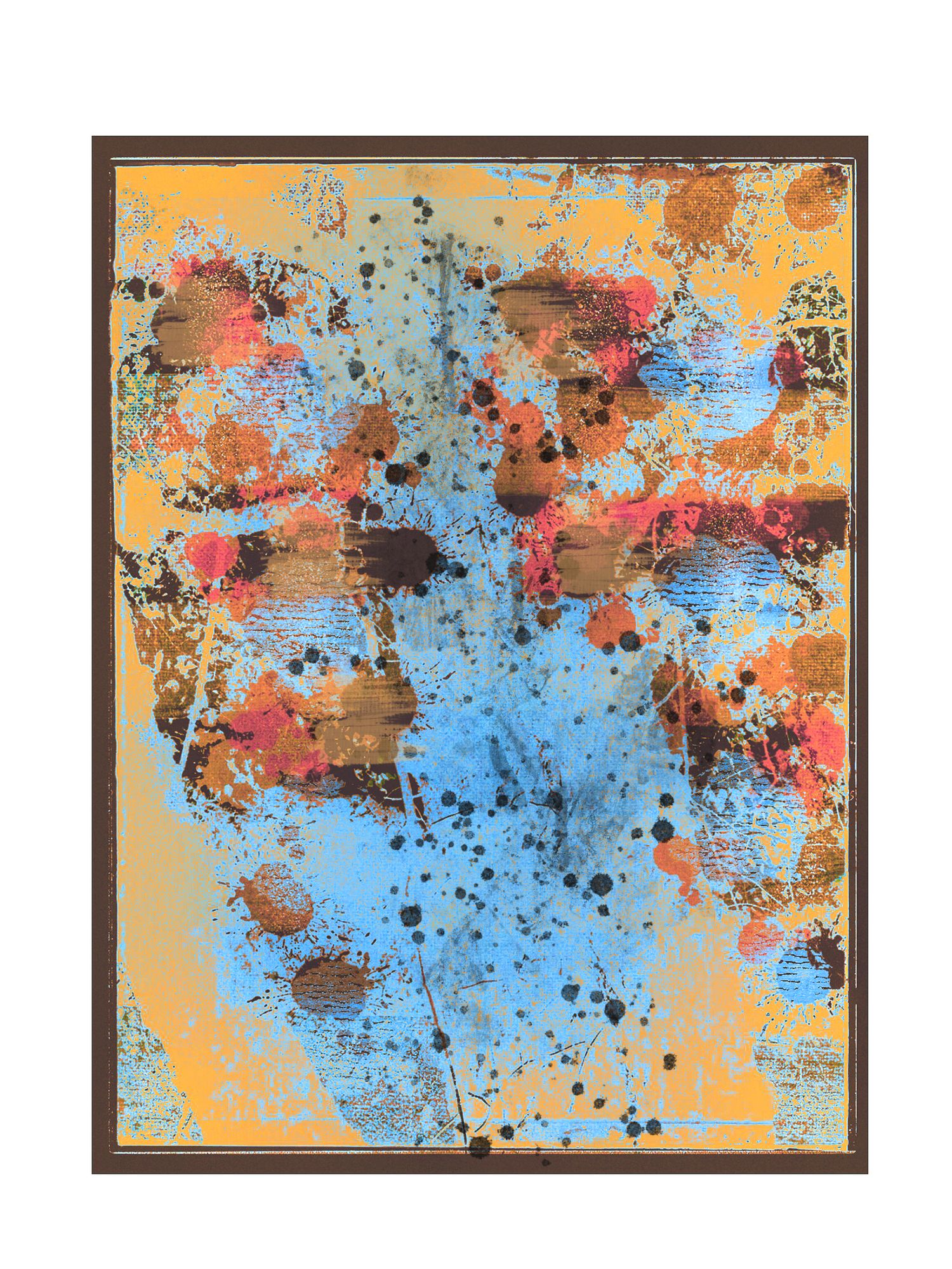 Abstract painting with blue center splash surrounded by orange and red paint splatters.