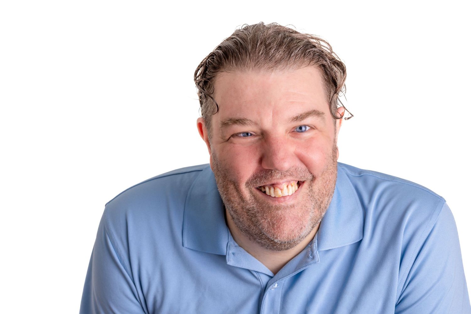 A series of four similar headshots showing someone in a light blue shirt against a white background.