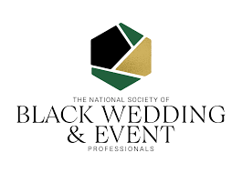 Logo for The National Society of Black Wedding & Event Professionals featuring geometric shapes in black, gold and green.