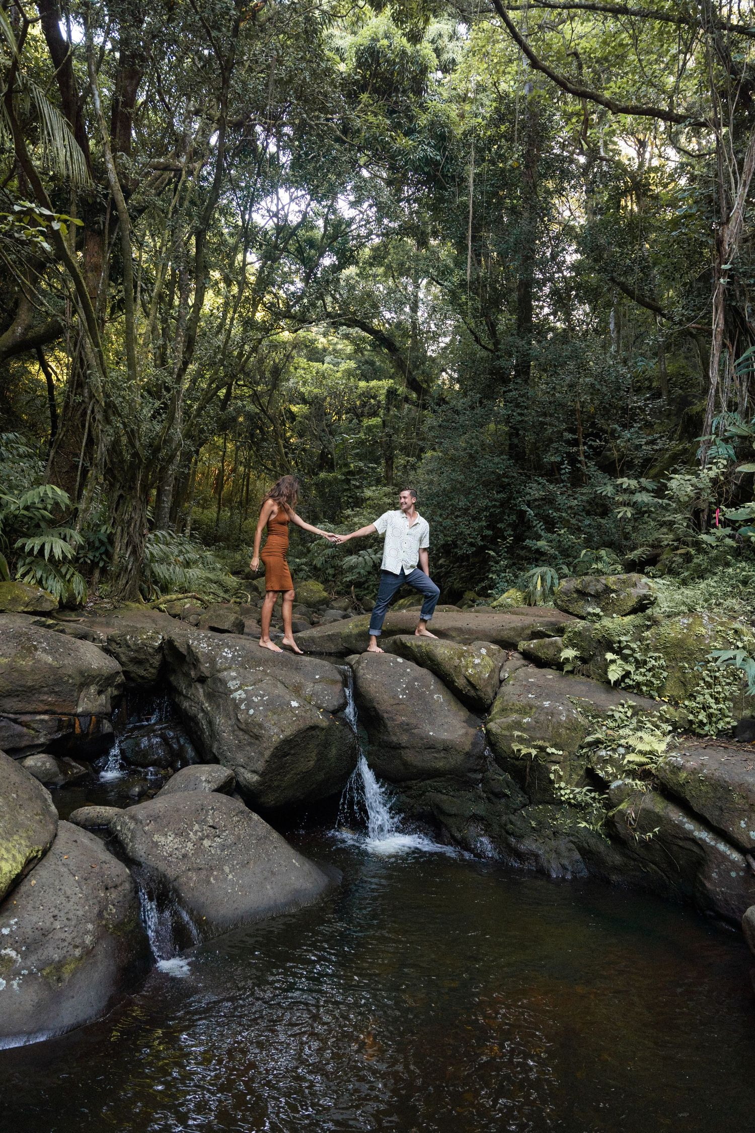 A small waterfall cascades over mossy rocks into a serene forest pool surrounded by lush tropical vegetation.