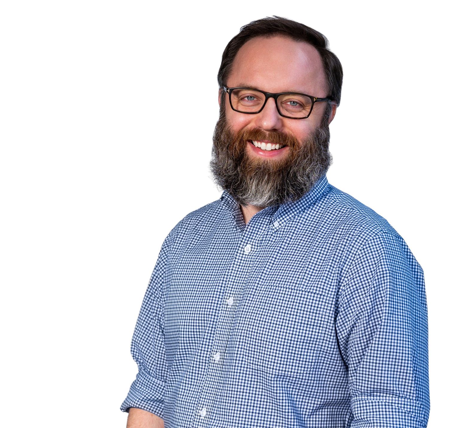 Professional headshot series of person in blue checkered button-down shirt and glasses against white background.