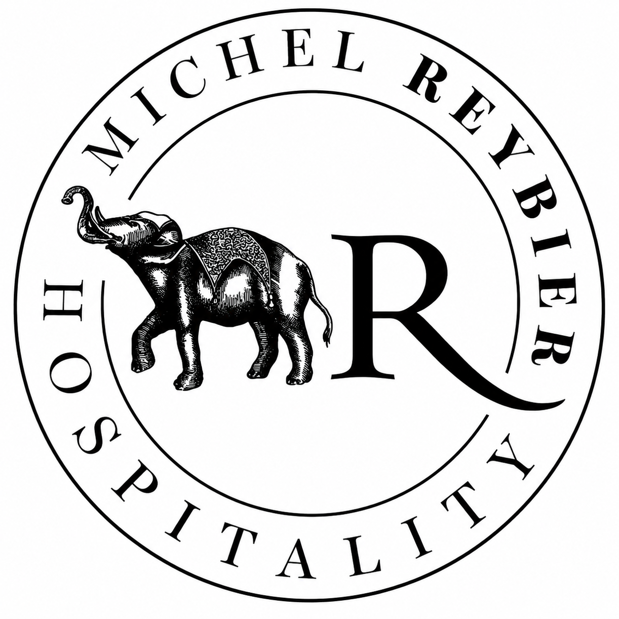 Michel Reybier Hospitality circular logo featuring an elegant elephant illustration with decorative serif typography.