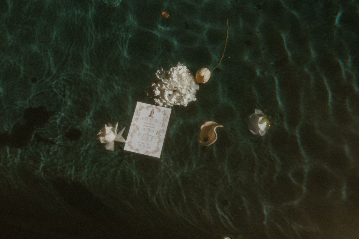 Aerial view of wedding invitation and floral elements floating in turquoise water.