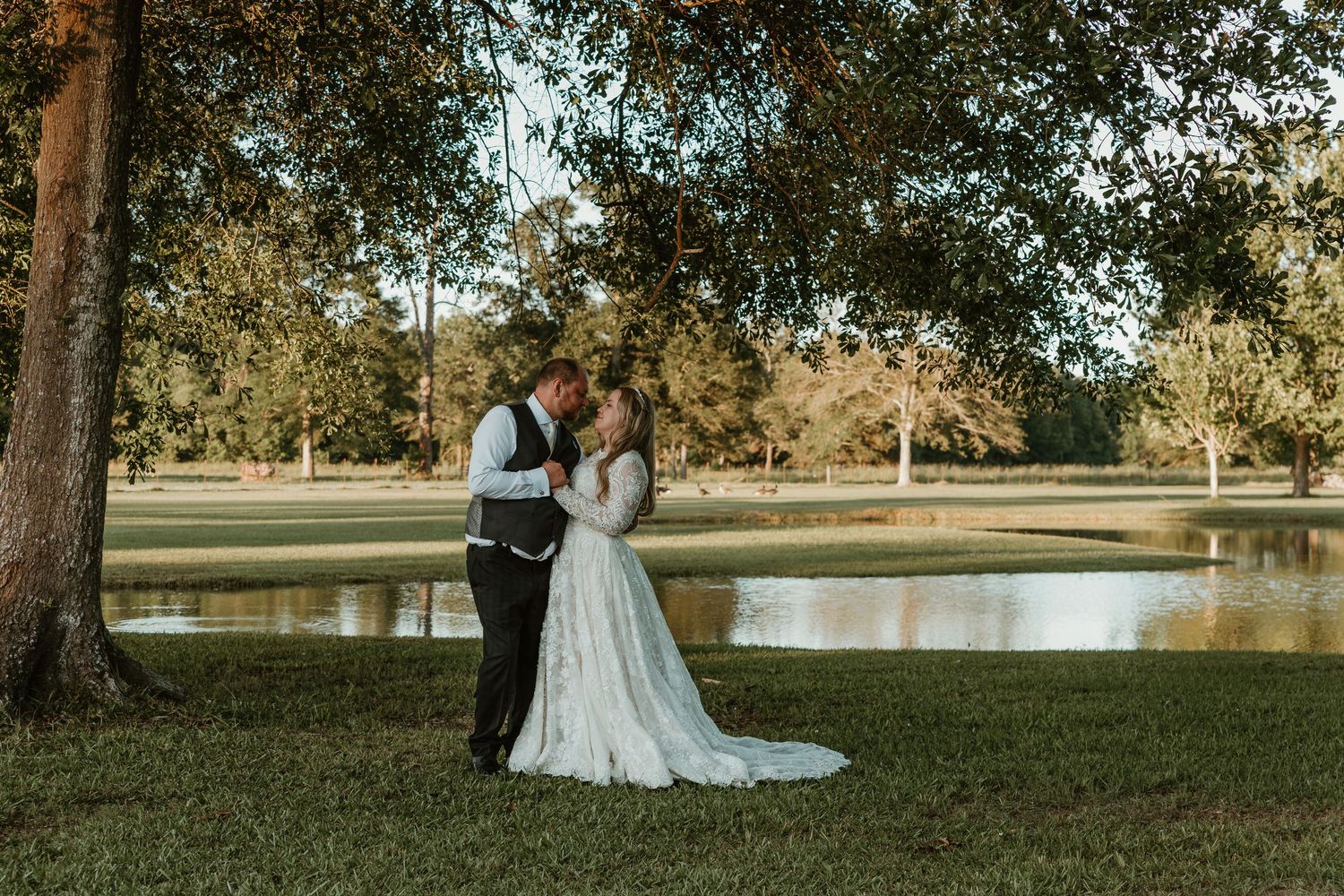 Bride and groom share a kiss beneath a large tree beside a shimmering pond during golden hour wedding.
