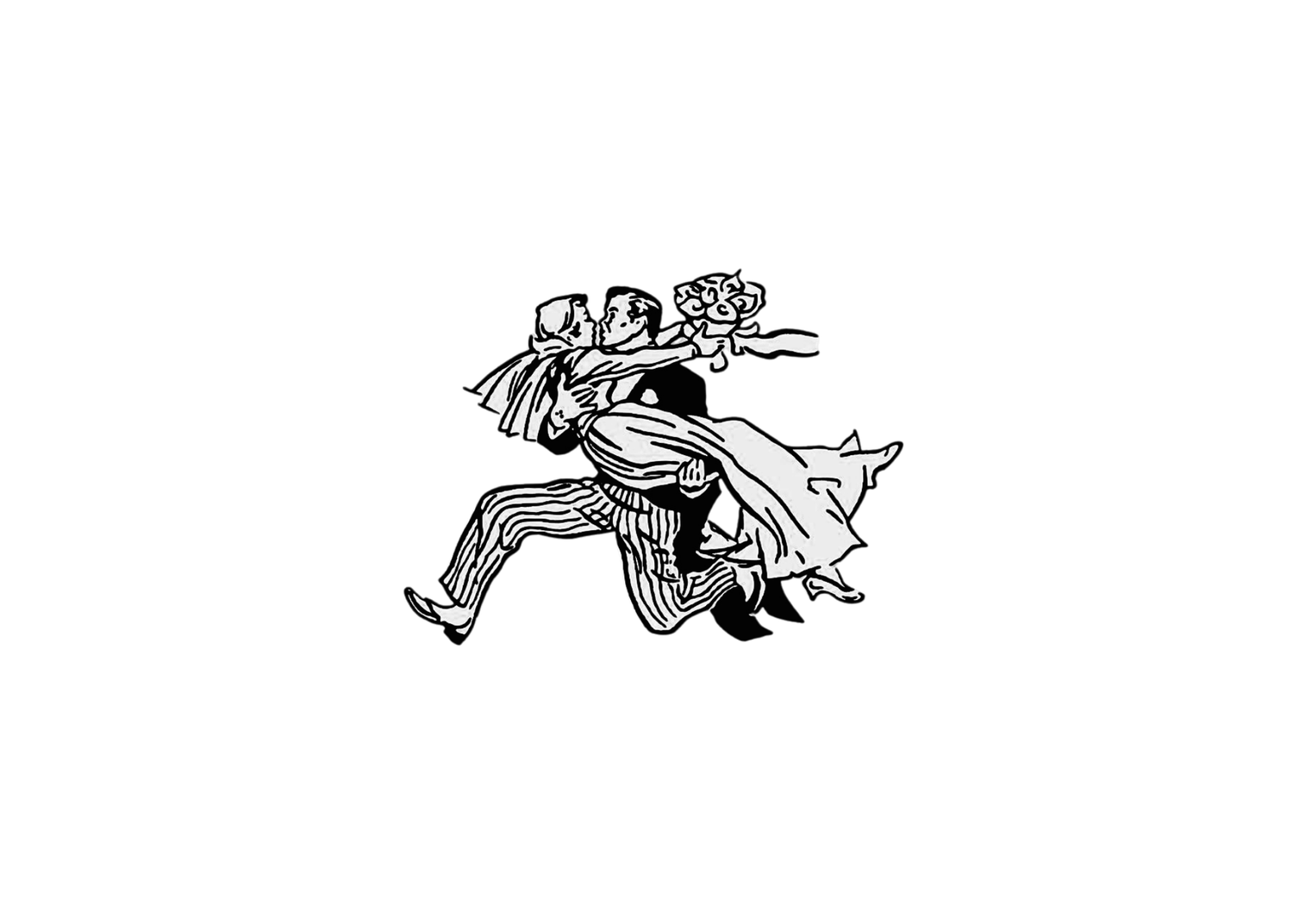 Black and white illustration of a man running while carrying flowers and a cape flowing behind him.