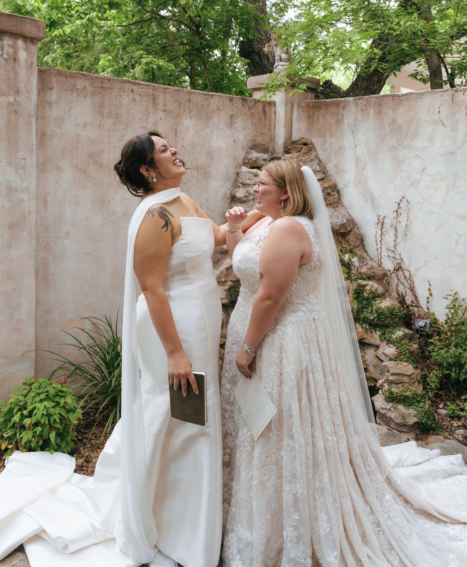 A panoramic sequence of wedding photos showing two people in white dresses sharing intimate moments against stone walls.