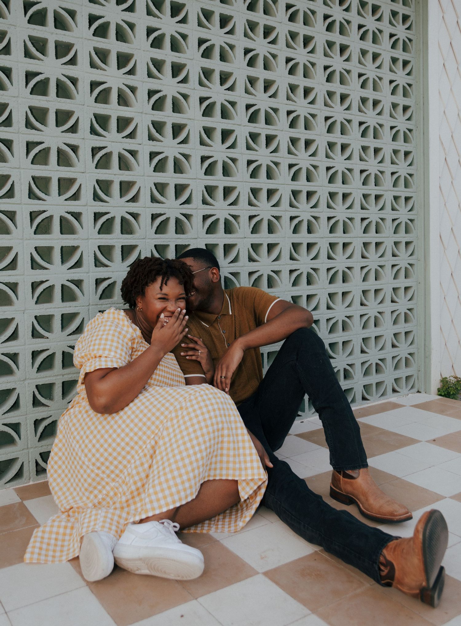 A series of intimate moments captured against a geometric patterned wall background.