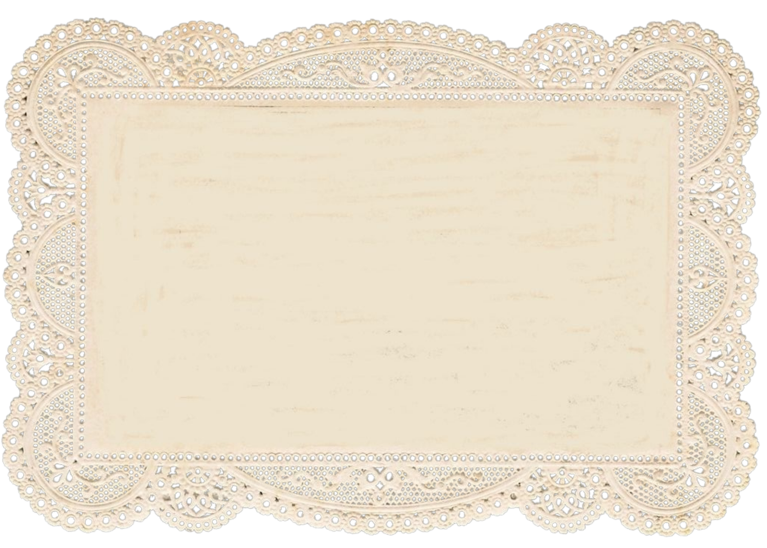 Elegant rectangular cream lace doily with intricate decorative border on white background.