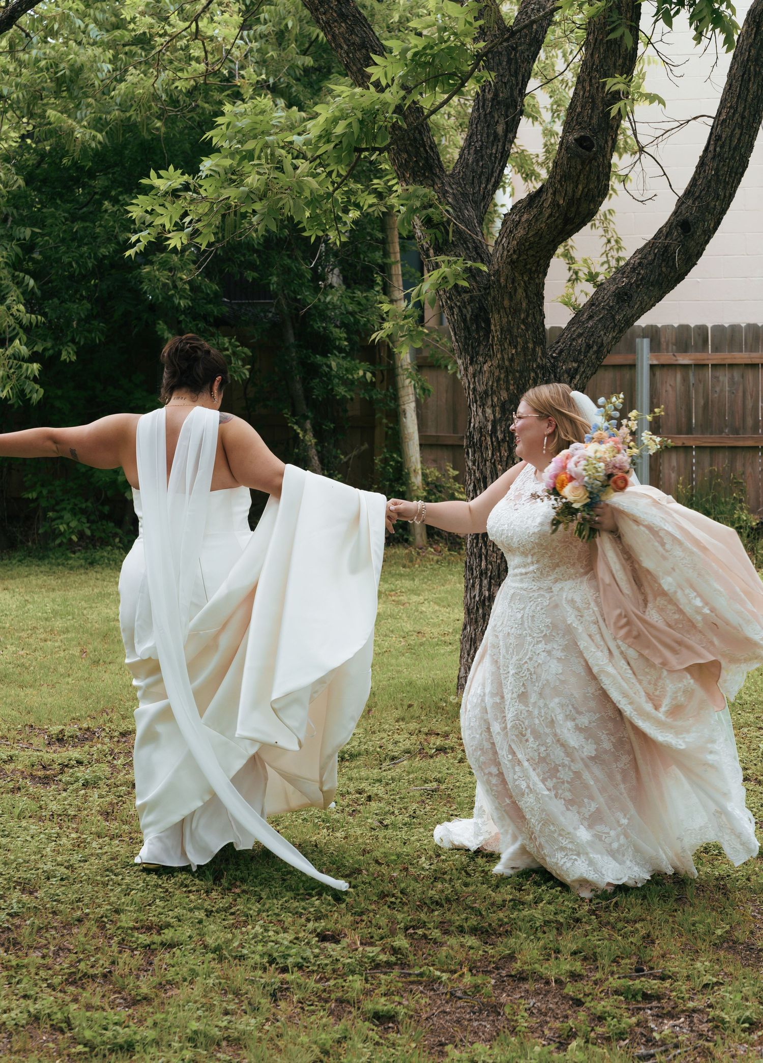 A series of five wedding dress photos showing flowing white gowns twirling gracefully in a backyard garden setting.