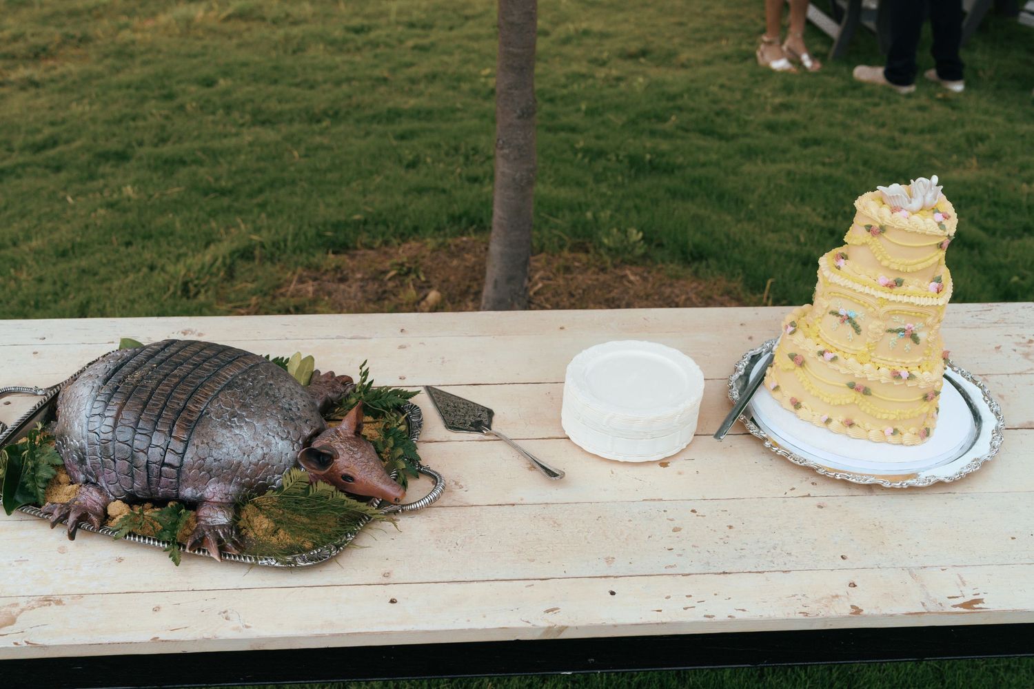 A wedding cake sits on a rustic wooden table outdoors with trees and grass visible in the background.