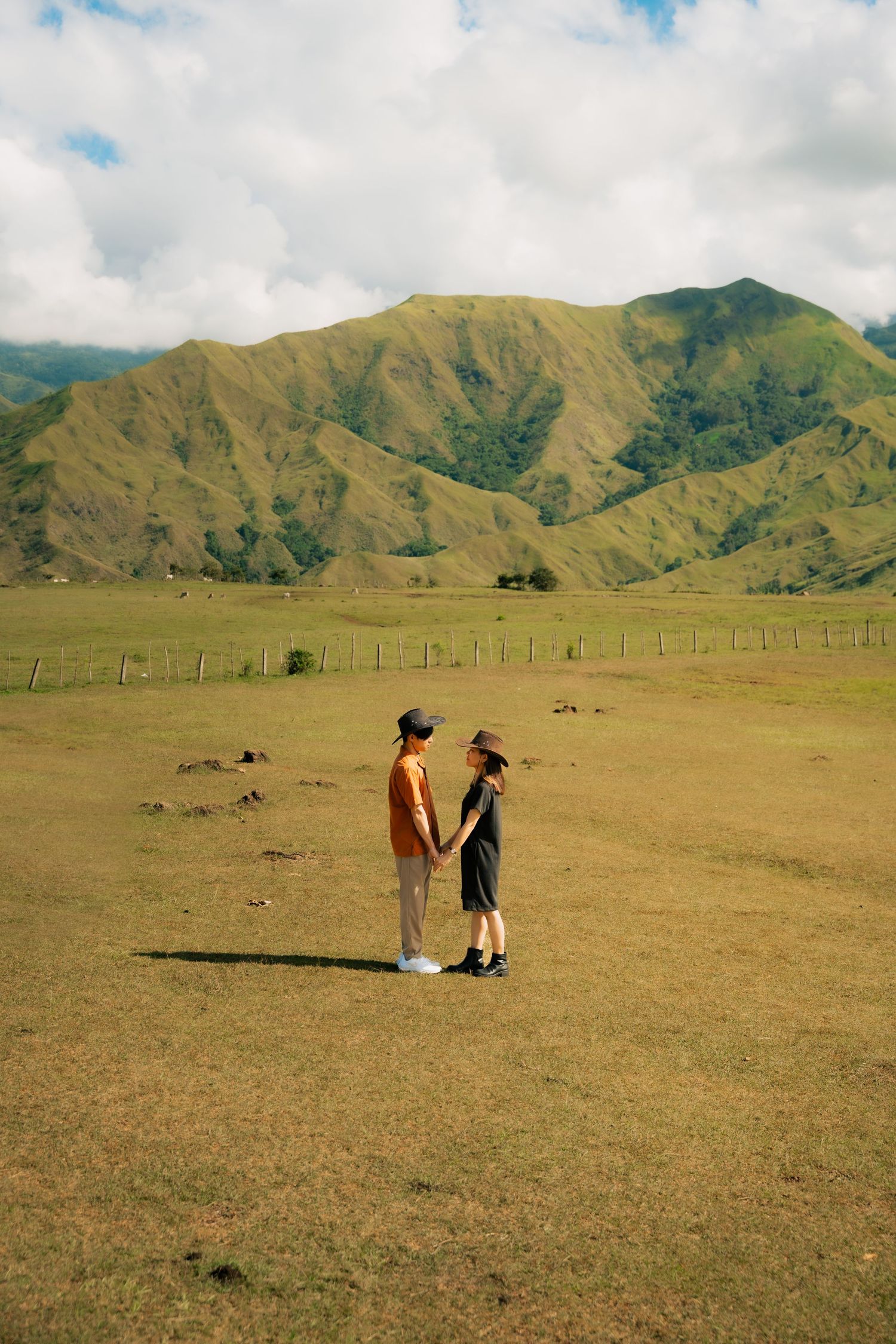 Couple holding hands in vast green meadow with stunning mountain backdrop under cloudy sky.