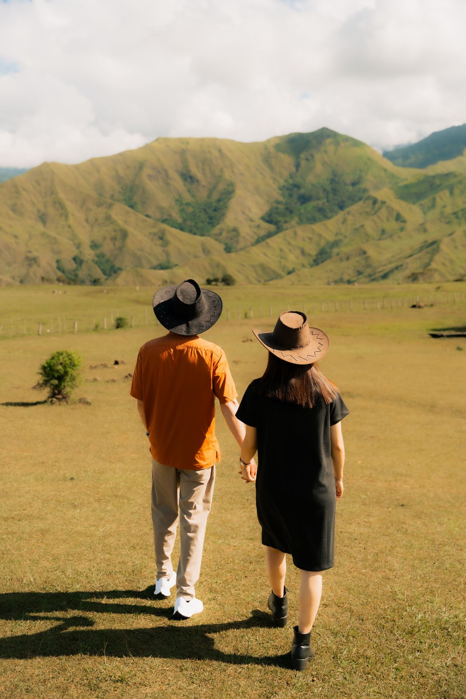 Couple holding hands walking toward lush green mountains in a scenic field, both wearing black wide-brim hats.
